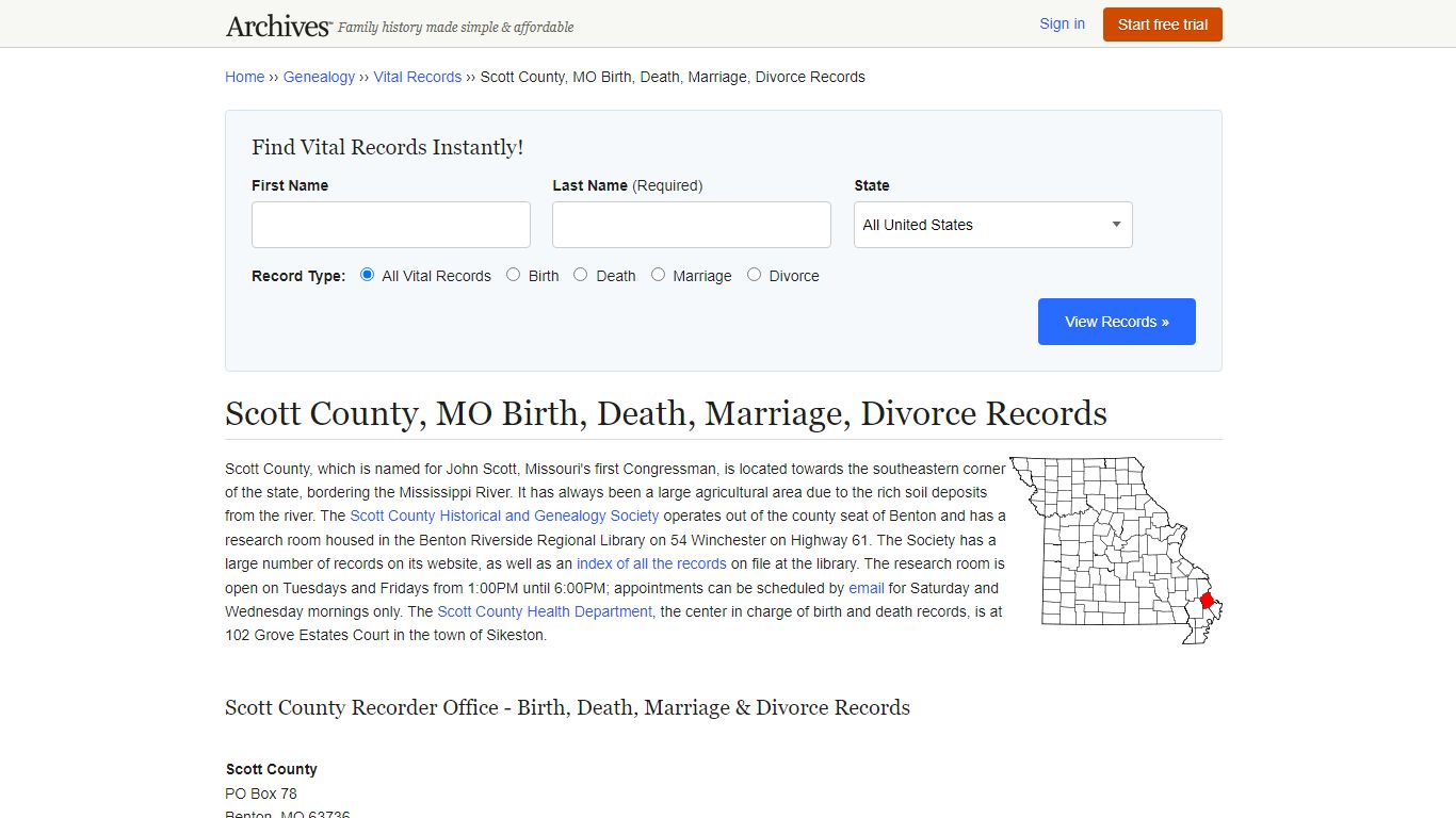 Scott County, MO Birth, Death, Marriage, Divorce Records